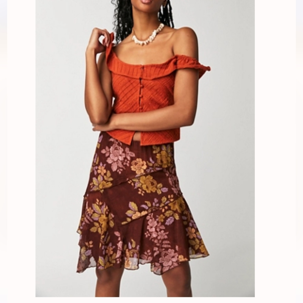 Free People Millie Asymmetrical mini skirt in Chestnut Brown